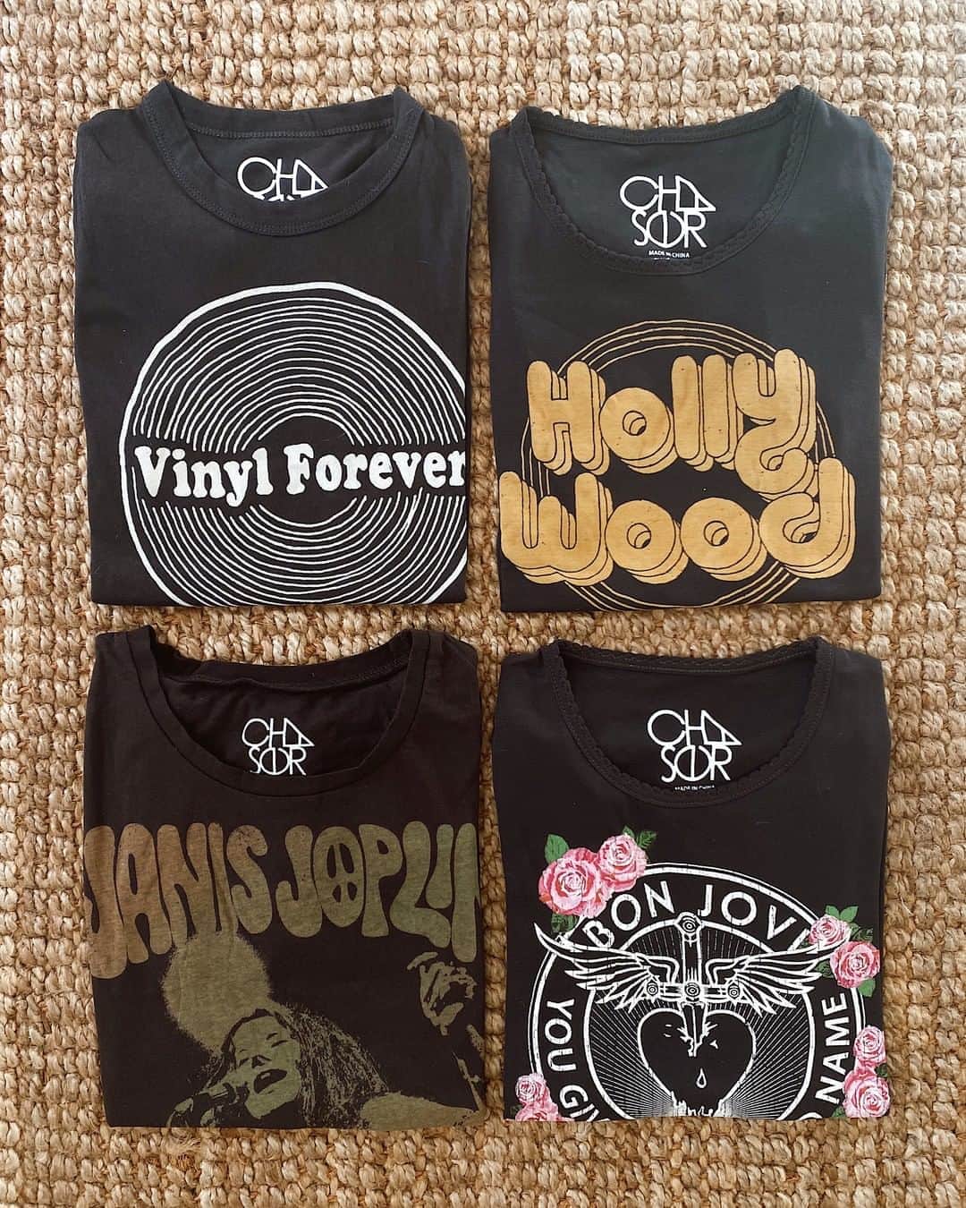 チェイサーのインスタグラム：「pick your favorite graphic🖤⚡️⤵️ #hollywood #vinylforever #janisjoplin #bonjovi #graphictee #bandtee #chaserbrand #graphictshirt」