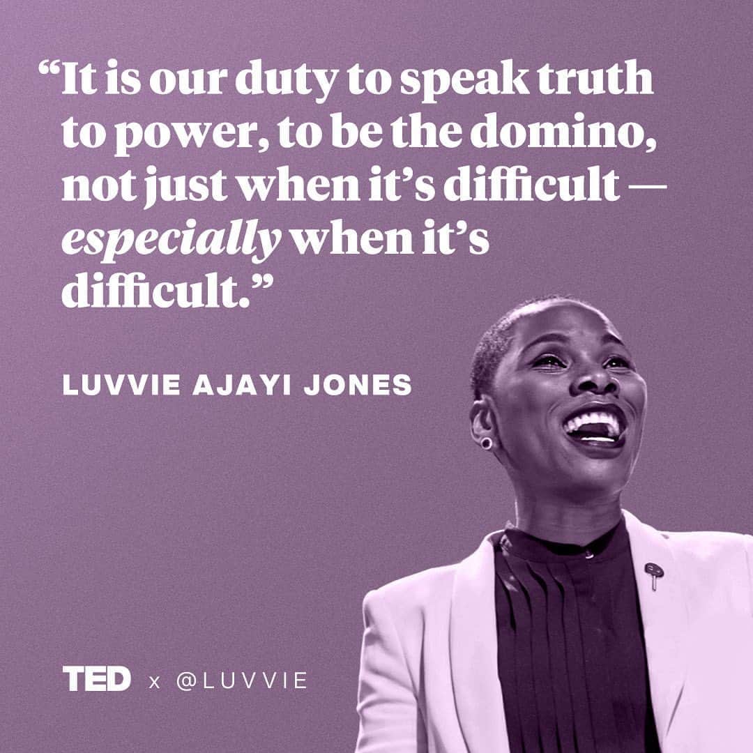 TED Talksのインスタグラム：「🚨TAKEOVER ALERT! 🚨 Today author and speaker @Luvvie Ajayi Jones is taking over TED’s Instagram! How do you find the courage to speak up for what you believe in? In her 2017 TED Talk, she talks about how to raise your voice even when it’s difficult. Today, Luvvie will share tips and insights about fighting fear, overcoming impostor syndrome, and how she learned the power of using her voice. Head over to our stories to hang out with Luvvie! And join us at 1pm EST for a special conversation with Eunique Jones Gibson ( @euniquejg ), cultural architect and founder of @becauseofthem !」