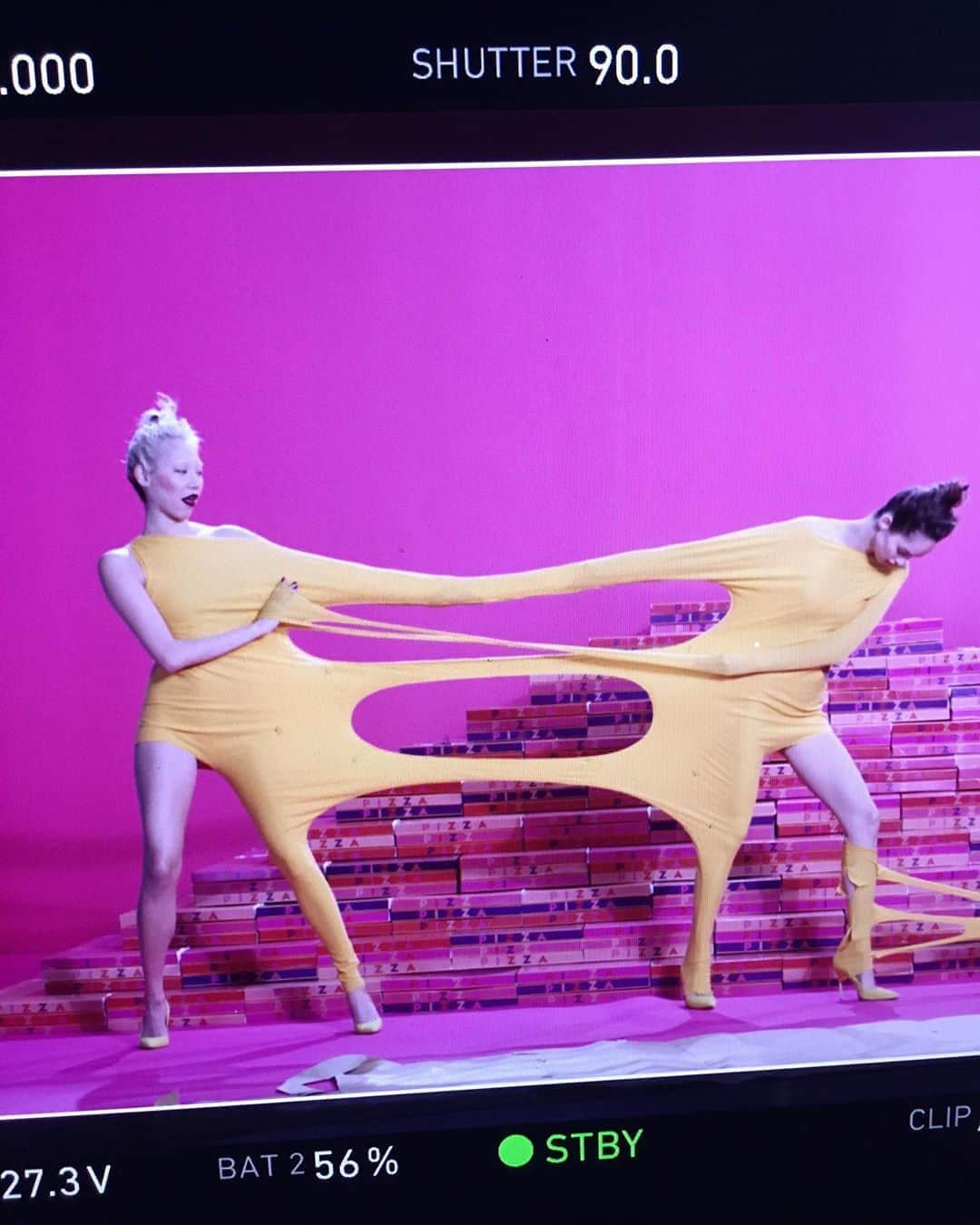 パク ・スジュのインスタグラム：「When we were Pizza Cheese for @lorealparis TVC @thelumagrothe! Rarely do you have the chance to be “cheese” alongside a beautiful gal in a @michaelangelnyc custom-made piece. I miss my friends and family and being on set so much 😂🍕🍕🍕🍕 xoxo」