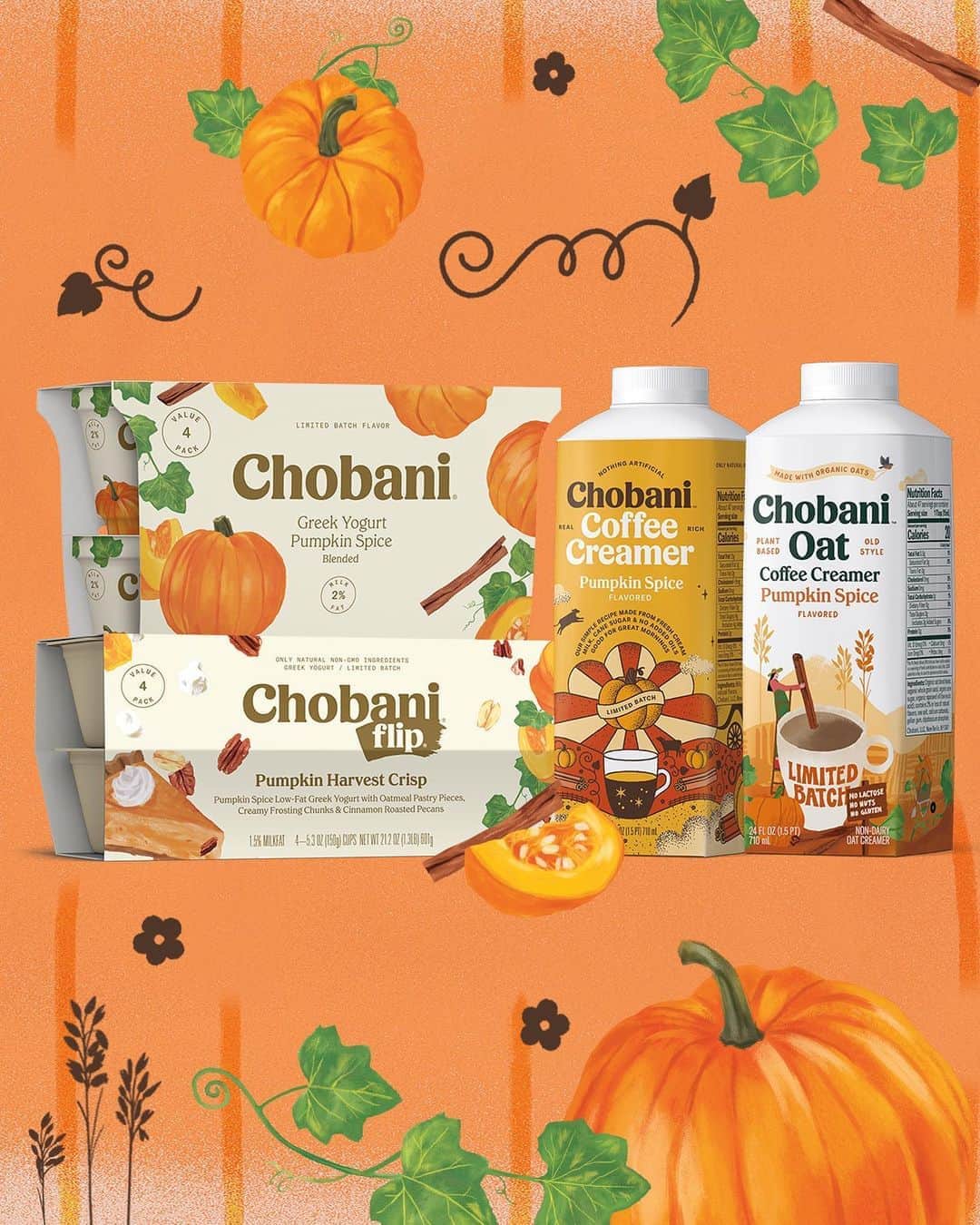 Chobaniのインスタグラム：「**This sweepstakes has ended** Pumpkin fans, this prize pack is for you! 🎃 Swipe ➡️ to see what’s inside—then comment below and tell us which of our limited-edition pumpkin products you are most excited to try: Limited Batch Pumpkin Spice Greek Yogurt🥄, Flip® Pumpkin Harvest Crisp🍁, or our new Pumpkin Spice Coffee Creamers ☕—one made from farm-fresh cream, the other, our first-ever non-dairy, oat based creamer. Link in bio for terms & conditions.   To enter to win:  1. Maintain a public Instagram account 2. Follow @chobani on Instagram 3. Comment on the post with your Chobani pumpkin favorites 4. Tag up to 10 friends!」