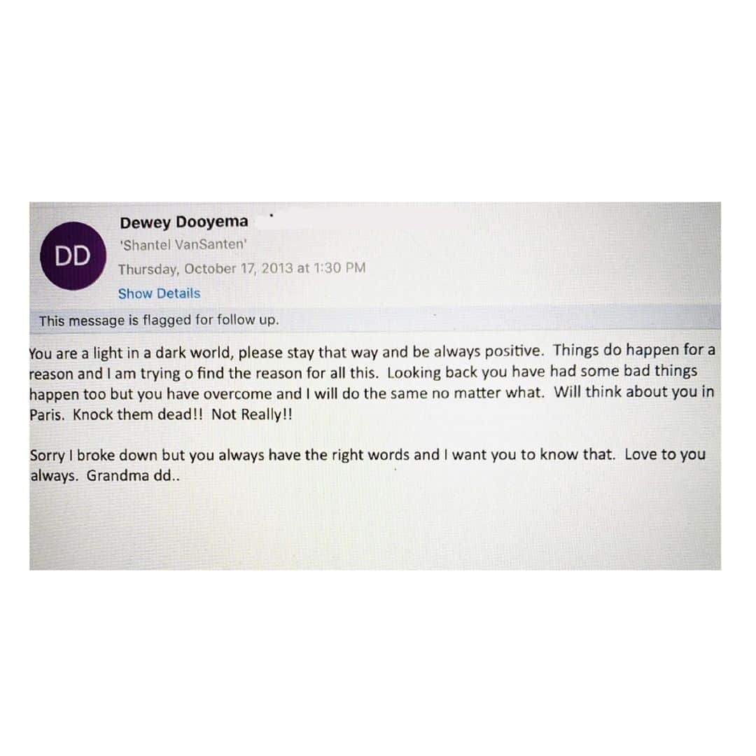 シャンテル・ヴァンサンテンのインスタグラム：「Found this email randomly today in the wrong folder. Wanted to share because the truth is life isn’t easy. The ache is still overwhelming. My Grandma wrote this while very sick with lung cancer and this was shortly after her diagnosis. She was always MY light and source of positivity. I miss you Granny. I miss our weekly chats and email updates. I miss your laugh and goofiness. I miss your encouragement and cheerleading. I can be grateful for my memories and your words but the truth is... This life sucks without you. I just want to talk to you again. This one hit hard today. ❤️ #bestillmyheart #DD」