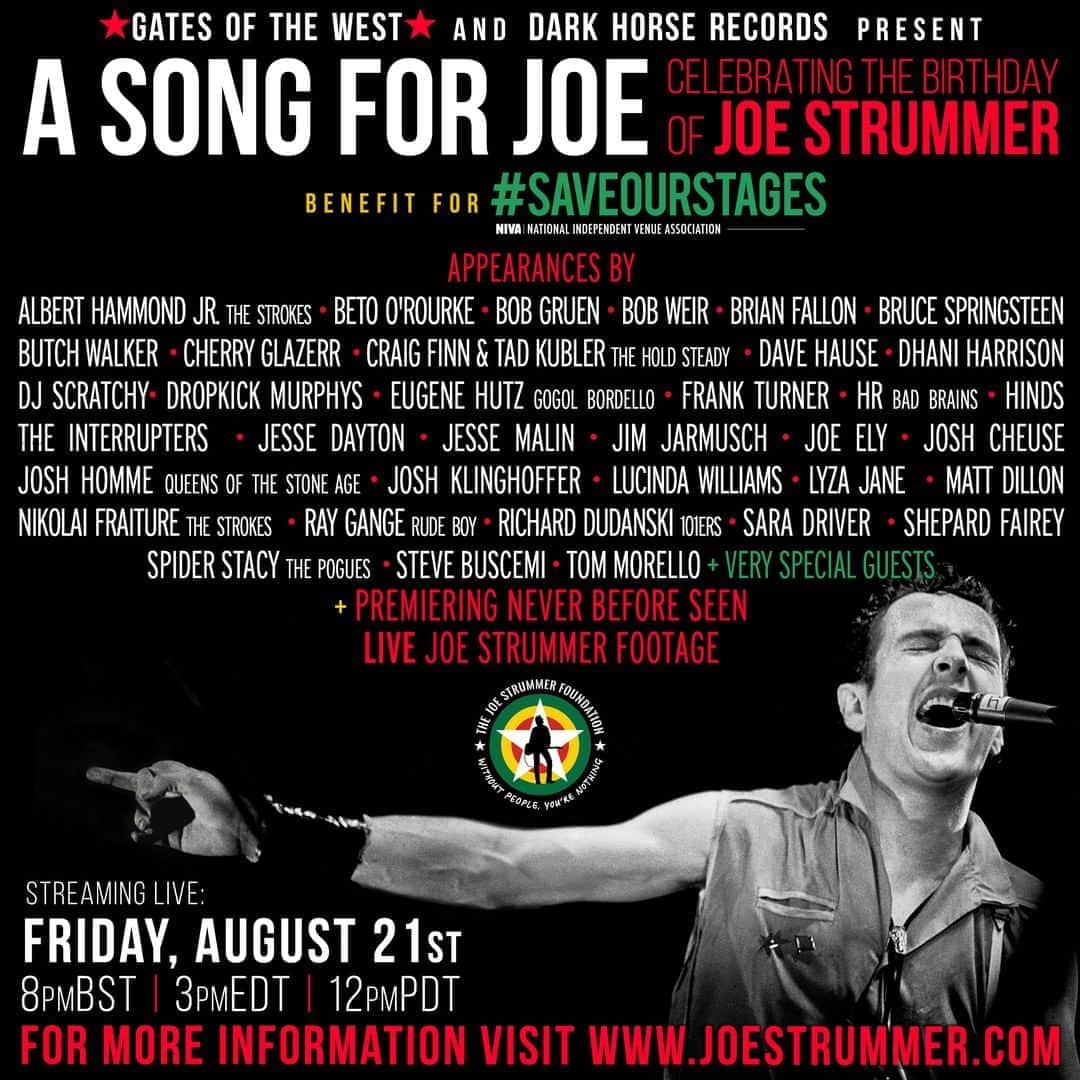 Shepard Faireyのインスタグラム：「Join us Friday, August 21st at 12 noon PDT / 3pm EDT / 8pm GMT for the 'A Song for Joe' event, celebrating the birthday of Joe Strummer @joestrummerofficial of The Clash! Go to - joestrummer.com - link in my bio for more info!」