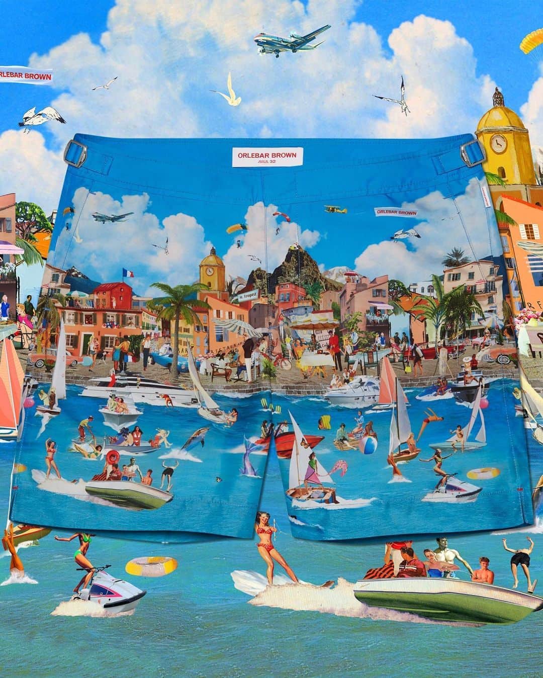オールバーブラウンのインスタグラム：「Visit us in St Tropez 🇫🇷 Situated on the vibrant harbourfront, our inviting three-storey store boasts a VIP lounge and diving board centrepiece. Illustrated by artist @Sanderlon, this vibrant St Tropez scene (pictured) features on our exclusive Bulldog swim shorts. Grab your pair when you visit us in-store - it's the perfect souvenir. (Store 📍 via link in bio). #DoseOfSun #OrlebarBrown #OBsAroundTheWorld」