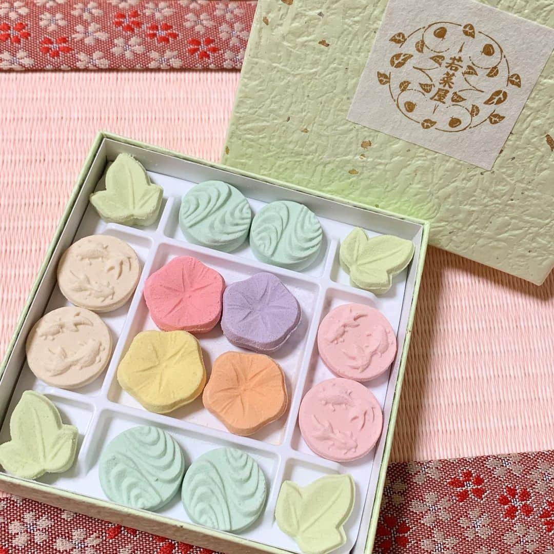 紀伊さつきのインスタグラム：「お盆がおわると 我が家には祖母宅や叔母宅からお盆らしいお菓子がやってきます。 #はくせんこ（ #はくせんこう #白雪糕 ）とかああいうのって、みんなあんまり好きじゃないの？ ・ ・  #畳の出番  #京都 #若菜屋 #和菓子 #干菓子 #和三盆糖」