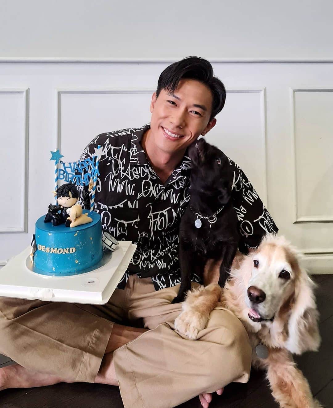 デスモンド・タンのインスタグラム：「你们的生日祝福我都收到了! 谢谢你们! 我也想把我今天收到所有的祝福送给你和你的家人! 希望大家在这段艰难的日子都保持健康快乐，学习怎么更珍惜你爱的人和从中找到我们都应得的简单的幸福。  今年我的生日愿望很简单，就希望河獅会好好的康复，健康的陪在我身边。  Thank you for all your birthday love! I truly appreciate all your well wishes, sweet thoughts, gifts etc. I like to send my blessings to you and your loved ones, may you all be well protected and blessed with happiness. This year,  my birthday wish is very simple. I just wish that Hoshi will recover well and stay healthy! 💙  P.S. Thank you @destanationfc for the lovely birthday cake and meaningful sponsorship of our DFC very first Destine furkid, Sirius! I can't wait to meet him!」