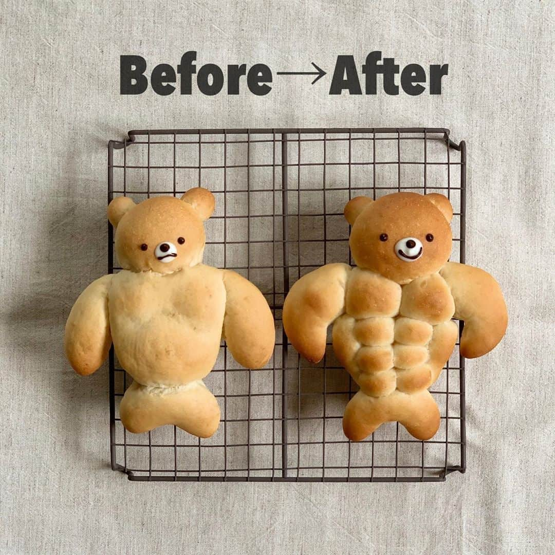 Ranさんのインスタグラム写真 - (RanInstagram)「. . Buff Bear Bread💪🔥🐻 . . . ライザップの広告風😚💪 . . . . #bread #baker #bakery #breadmaking #kawaii #kawaiifood #japanesefood #japan #tokyo #buff #muscle #musclebuilding #bodymake #bodybuilding #手作りパン#筋肉パン#筋肉ムキムキくまさん#ライザップ#トレーニング#筋肉男子 #筋肉女子 #筋肉女子 #筋肉飯 #びふぉーあふたー #ダイエット#diet #コロナ太り#自宅トレーニング#腹筋#シックスパック #筋肉くまパン」8月19日 23時11分 - konel_bread