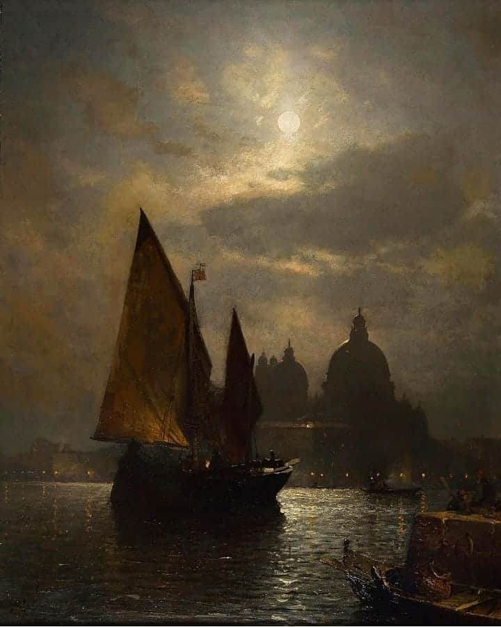 シャニン・ソサモンのインスタグラム：「today i will go here 🖤 #REPOST @historyof.art_ A 19th century painting by Sophus Jacobsen; "Venice in the Moonlight"」