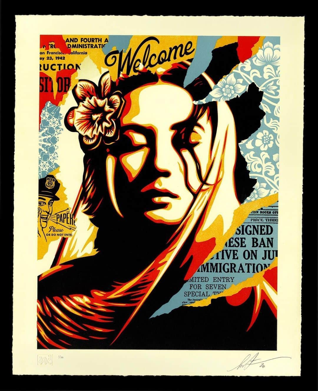 Shepard Faireyのインスタグラム：「@bertgreenfineart & @aardvarkletterpress are pleased to announce the release of a limited edition print by Shepard Fairey, "Welcome Visitors." This is a four-color letterpress print, printed by the master printers at Aardvark Letterpress in LA. It is the second print in the Aardvark Letterpress 50th Anniversary Prints Series. A portion of proceeds will go to @aclu_nationwide.  I’ve been working with Aardvark Letterpress based in the MacArthur Park area of L.A. for many years, and they have always done great work. Aardvark has even done special projects with me, live printing at my Damaged art show and at an arts charity event in Miami. Letterpress is a very special traditional and beautiful printing process that is slowly fading, as other forms of printing and digital tech replace it. The charm of letterpress is that the raised relief plate is inked and then stamped into the paper leaving both the ink on the paper and a physical impression in the paper. The additional dimension and texture from letterpress give the technique a sublime elegance.  I’ve known Cary Ocon and crew from Aardvark for a while. Still, until Cary asked me if I’d be willing to do a limited print to commemorate Aardvark’s 50th anniversary, I didn’t know much about the print shop’s history. It turns out that Cary’s dad emigrated from Mexico and met his American mom, starting the letterpress business shortly after. Aardvark has been the family business with three Ocon generations working there. Cary loved the idea of "Welcome Visitors" as an image which related to the family history and aspirations for the American dream.  Like all businesses, Aardvark has been hit hard by Covid, so the "Welcome Visitors" letterpress is more than just a print marking an an important anniversary, but also a fundraiser to preserve an L.A. institution who are purveyors of a very special art form and craft. Buy a print to support, or send them some custom printing business! -S  More info & full print details through the link in bio!」