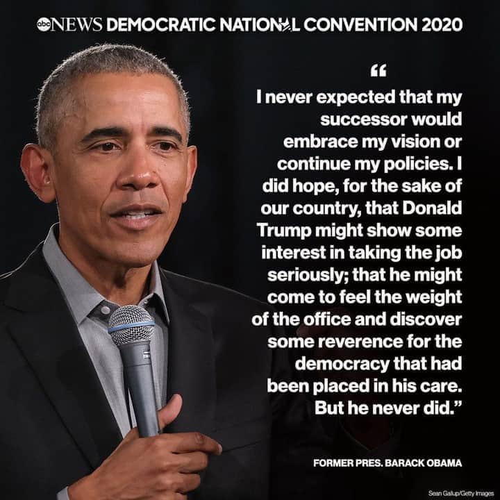 ABC Newsさんのインスタグラム写真 - (ABC NewsInstagram)「In prepared remarks for the #DemConvention, Pres. Obama says he hoped Donald Trump "might come to feel the weight of the office and discover some reverence for the democracy that had been placed in his care. But he never did.”」8月20日 6時17分 - abcnews