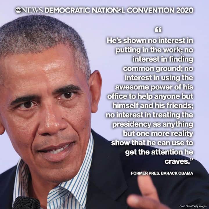ABC Newsさんのインスタグラム写真 - (ABC NewsInstagram)「JUST IN: Former Pres. Barack Obama is expected to use his #DemConvention remarks to say Pres. Trump has "no interest in treating the presidency as anything but one more reality show that he can use to get the attention he craves.”」8月20日 6時13分 - abcnews