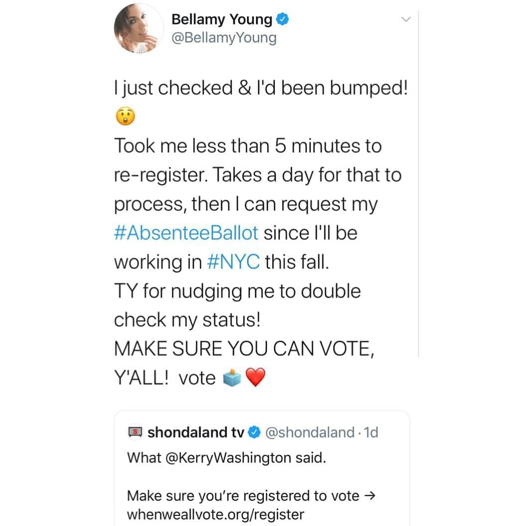 ベラミー・ヤングさんのインスタグラム写真 - (ベラミー・ヤングInstagram)「Y'all! My #VoterRegistration had been bumped from the books! 😲 So grateful to @kerrywashington & @shondaland for making sure I double-checked my status in plenty of time. It was easy to re-register (in #CA, you just need your driver's license info, last 4 of your social, & your bday). Once that processes, I'll request my #AbsenteeBallot.  Check your status too! I'll put the link in my Insta bio so it's easy. Make sure you're registered- & vote early. Hopefully there will be drop-off locations for mail-in ballots in your area if you feel safer not voting in person in November. But the safest bet of all is to utilize all #EarlyVoting options. Because your voice MATTERS. Love each of you. Hope today is being good to you & yours. #WeThePeople ❤️🗳❤️」8月20日 7時21分 - bellamyyoung