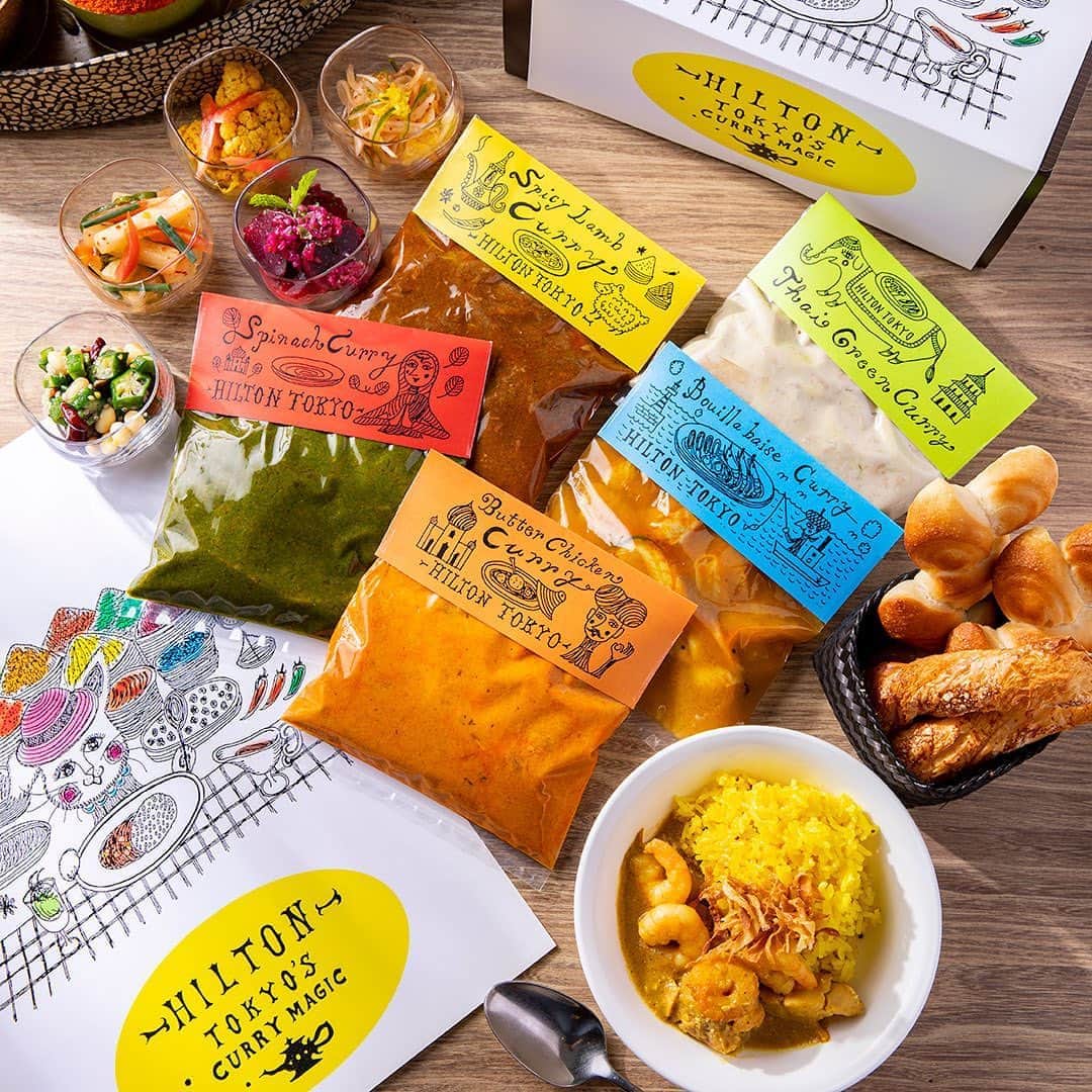 のインスタグラム：「現在マーブルラウンジで好評開催中のカレーランチ「華麗なるカレー・マジック」のテイクアウトをはじめます！﻿ ﻿ 大人気の「バターチキンカレー」はもちろん、ブイヤベースをアレンジしたオリジナル「南仏風ブイヤベースカレー」や「スパイシー・ラムカレー」、「タイ風グリーンカレー」、「スピナッチカレー」の5種類がをセット！﻿ ご予約はHPより！﻿  ﻿ テイクアウトセットの内容：﻿ カレー5種類、レモンライス、大麦入りバターライス、サクサクチーズパイとサラダ5種類﻿  ﻿ ※HPにて2日前までのご予約にて参ります。﻿ ※ホテル1階「ショコラブティック」でお渡しします。﻿ 8月31日より、毎日11:00～17:30の間にお渡し可能になります。」