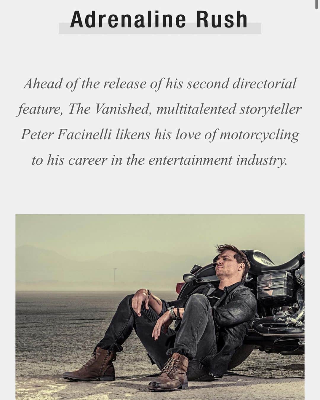 ピーター・ファシネリのインスタグラム：「Go to @easyriders and check out my new interview where I talk about writing and directing #TheVanished and my love for motorcycles. 🏍 #WeAreEasyRiders @TJManou  @marquepr  @harleydavidson」