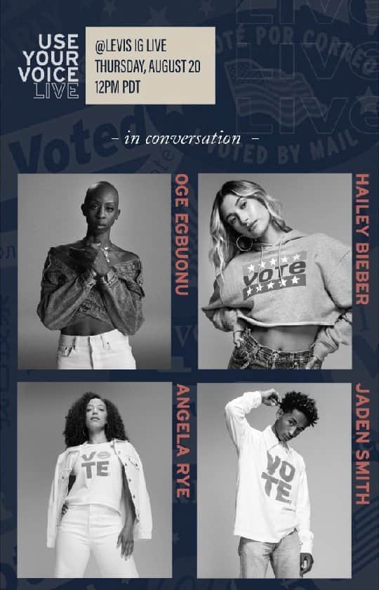 のインスタグラム：「USE YOUR VOICE LIVE with @ogetheyogi, @haileybieber, @angelarye and @c.syresmith -- discussing each individual’s passions for voting and how to translate your own personal passion for voting into motivating and encouraging others.」