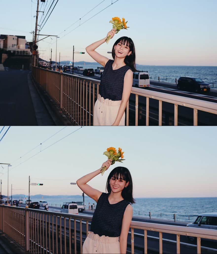 中原みなみのインスタグラム：「. 大好きな江ノ島をバックに！  スラムダンクの聖地として良く知られる鎌倉高校前駅からの写真です📸🏀  #江ノ島#鎌倉高校前#鎌倉散歩#鎌倉#ひまわり#フィルムカメラ」