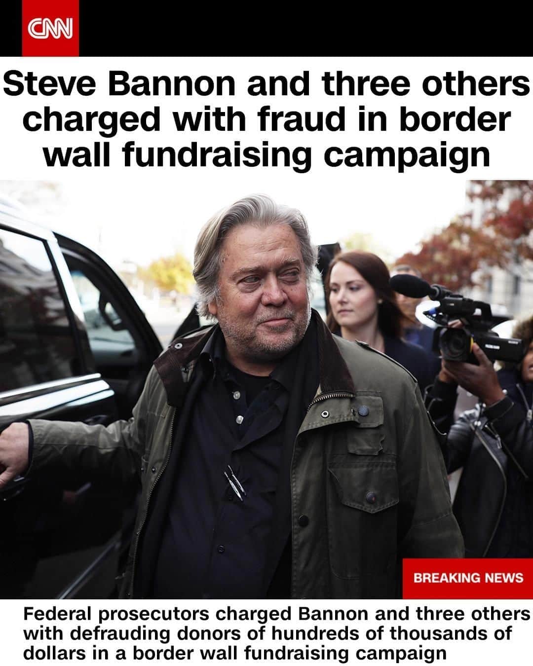 CNNさんのインスタグラム写真 - (CNNInstagram)「New York federal prosecutors on Thursday charged President Donald Trump's former campaign adviser Steve Bannon and three others with defrauding donors of hundreds of thousands of dollars as part of a fundraising campaign purportedly aimed at supporting Trump's border wall. Bannon was arrested Thursday morning and is expected to make his initial court appearance in New York later in the day, according to the US attorney's office. Bannon's lawyer did not immediately respond to a request for comment. Tap the link in our bio for updates on this breaking story.⁠ ⁠ (📸: Alex Wong/Getty Images)⁠ ⁠」8月20日 23時31分 - cnn