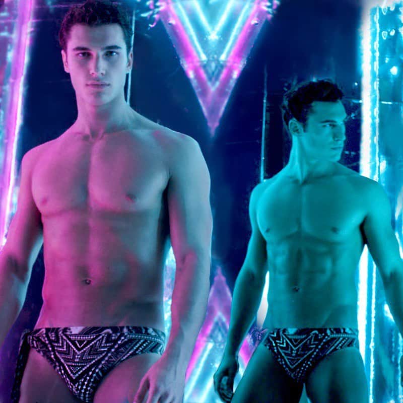 ジュリアンマクドナルドのインスタグラム：「The irresistible @deano_perona wearing an abstract techno marble print swimming trunks from our latest @julienxgabriela collection, infiltrating our ultraviolet techno booth backstage directed by @will_ainsworth at the #JULIENXGABRIELA SS20 Show.  Styling: @karlplewka Casting: @mrsvoguester Makeup: @wendyrowe Nails: @mariannewman Hair: @kenpaves Shoes: @lucychoilondon Music: @djsmokinjo  #LFW #LFWSS20 #ss20 #JULIENMACDONALD #GLAMAZONIA @julienxgabriela」