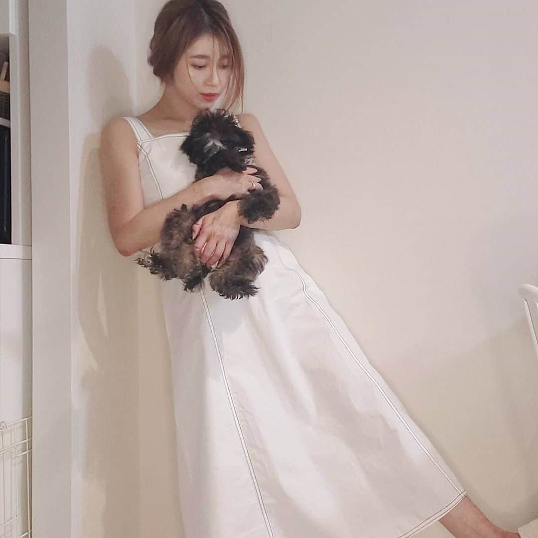 のインスタグラム：「. おうちで　@valmuer_official の白ワンピース ステッチが効いててかわいい👼 むんむん大きくなったなぁ😁♥️ #valmuer #home #dog #dogstagram #homesweethome」