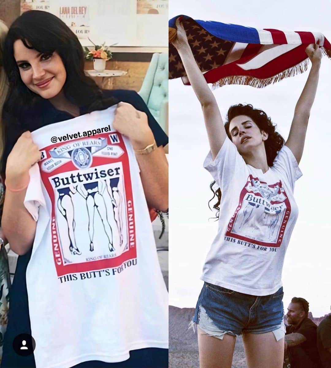 のインスタグラム：「Link in bio💫 If you’re a fan of singer Lana Del Rey, you can get her Buttwiser look as seen on her in her “Ride” music video. High quality screen printed and fast shipping✨ #LanaDelRey #sale #ad」