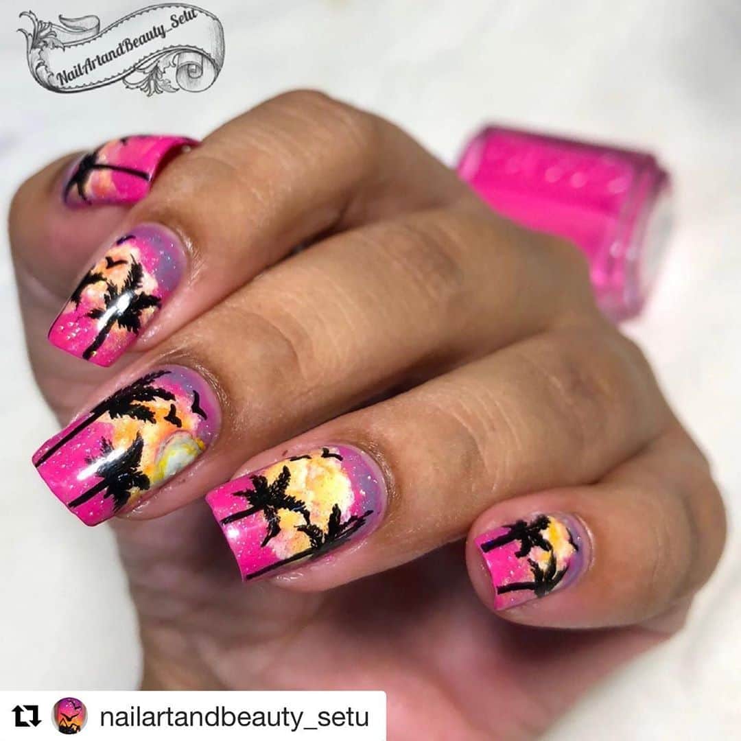 Nail Designsさんのインスタグラム写真 - (Nail DesignsInstagram)「Credit: @nailartandbeauty_setu  ・・・ Beautiful Sunset and Sparkling Sky✨✨; lockdown and quarantine forced me to create these nails and just be happy looking at them 😄. Hope to breathe free in clear sky and fresh air soon. . . Base polish is @essie Mod Square and everything is freehand 🥰. .  #freehandnailart #freehandnailartist #nailpro #nailart #nailblogger #naildesigns #nailjunkie  #nails2inspire #wownails #nailsofinstagram #nailswag #manicure #manicure_ideas #nailitmag #nailitdaily #nailpromote #nailartswag #nailsofig #nailstagram #nailartfeature #dailynailart #nag_repost #nailfashion #nailsmagazine #cuteynails01 #scenerynails #nailsmagazine #sprinklenails #palmtrees #sunsetnails #essiemodsquare」8月21日 7時56分 - nailartfeature