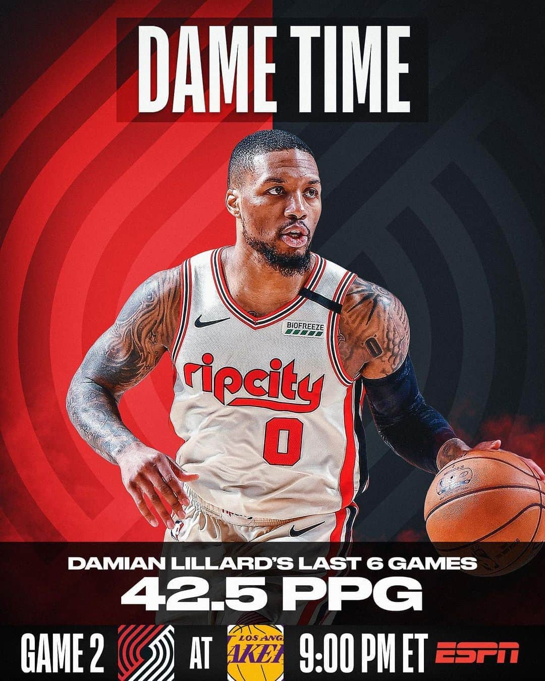 NBAさんのインスタグラム写真 - (NBAInstagram)「DAME TIME ⌚️  @damianlillard looks to continue his 🔥 scoring stretch as the @trailblazers (1-0 series lead) take on Lakers at 9:00pm/et on ESPN!」8月21日 8時05分 - nba