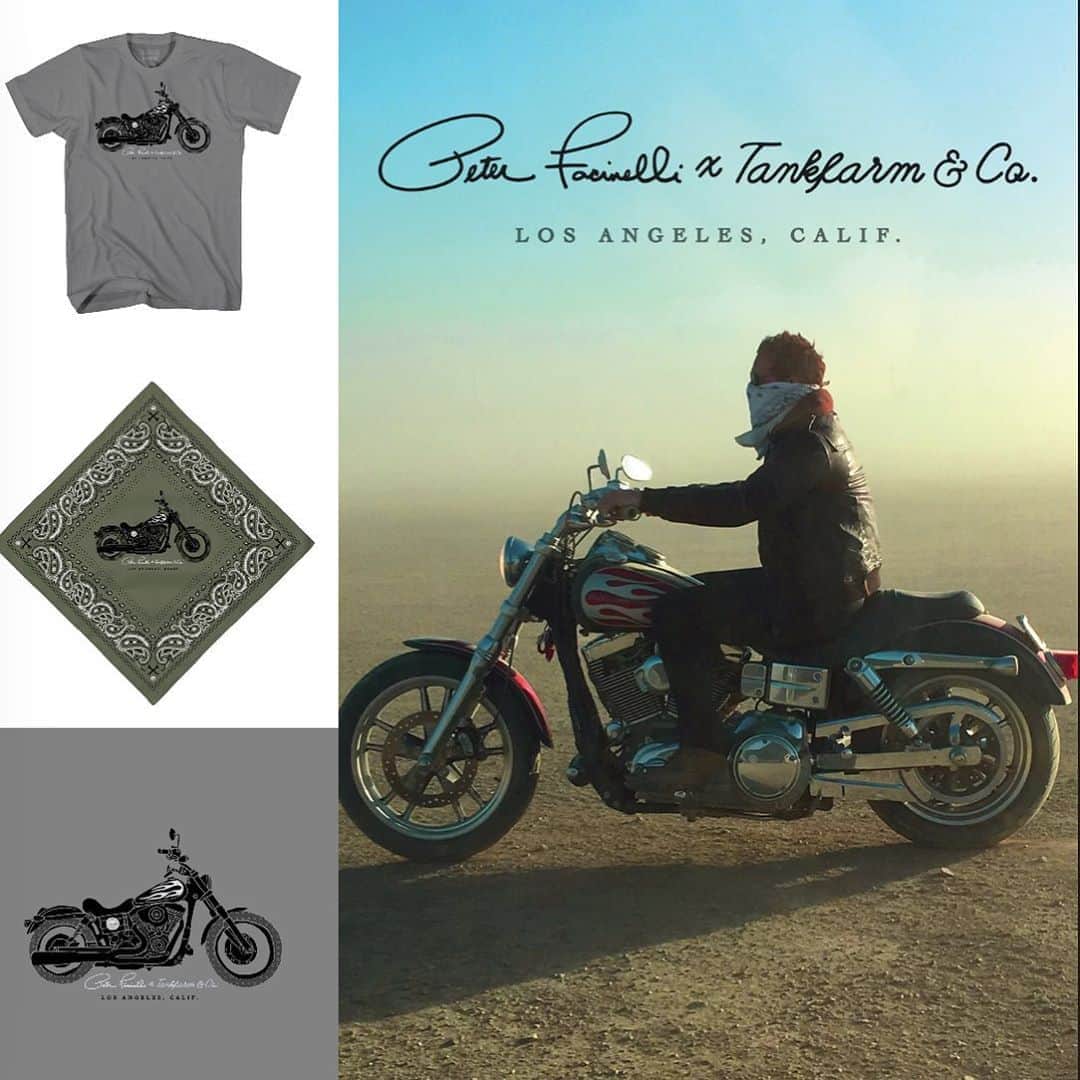 ピーター・ファシネリのインスタグラム：「Excited to announce my design collaboration with @tankfarmco #peterfacinellixtankfarm is LIVE!   Pre-Sale starts TODAY featuring one of a kind designs with this iconic CA based 🏍 lifestyle brand 🙌🏻 Grab this LIMITED EDITION T-shirt and Bandana bringing to life a vintage style sketch of my own @harleydavidson bike pictured!  These are limited edition, signed with my personal signature and  will go fast. Get one quick! Link in my bio👆🏻and in my stories. 👊🏻  Help support a local brand and ride the storm in style ✊🏻 Read about our collab and more in @easyriders article out today.   Special thanks to @lindsayluv @marquepr for this unique opportunity 🙏🏻 Excited to see how you all style my designs 💥 #designcollaboration #peterfacinelli #motorcyclelife #motorcyclesofinstagram #motolifestyle #motostyle #lowrider #marquepr」