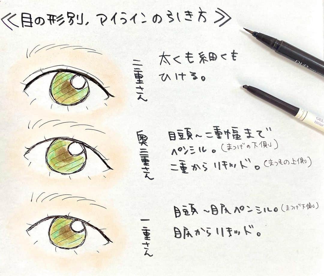 cecil0930 INOUEさんのインスタグラム写真 - (cecil0930 INOUEInstagram)「『目の形別、アイラインの引き方💄』スワイプで動画✨ ✳︎ アイラインひくとなんだか浮くなぁ。。と思ったりしませんか❓そんな時はペンシルとリキッドを兼用することも視野に入れてみてください☺️リキッドは目力が出ますが、ナチュラルメイクには浮く場合や、リキッドと粘膜に間があると不自然に。そんな時は、リキッドはマツゲの生え際上キワに、ペンシルをマツゲの生え際下に入れたり、ペンシルだけで仕上げれば浮きません🙆‍♀️ ✳︎ 奥二重さんや一重さんで、リキッドが使いにくい方は、マツゲの生え際下にペンシルを使うとナチュラルに目力をだせますよ✨ ✳︎ 是非試してみてくださいね☺️ ✳︎  メイクを仕事にしたい方はこちら↓ Rinthairmake アカデミーで「コンプレックス」を「魅力」に変えるメイク術を習得して、独立してみませんか❓✅人を幸せにする仕事がしたい❗️✅メイクが好きでメイクの仕事がしたい❗️✅自宅で仕事がしたい❗️ ✳︎ そんな方はプロフィール欄にあるアメブロから無料説明会を受けることができます😊 ✳︎ たくさんの「コンプレックス」で悩む女性が「凛とした女性」になり、自信を持って人生を楽しめますように。。💎  メイク#メイクアップアーティスト#ヘアメイク#コスメ#コスメコンシェルジュ#hairmake#cosme#make#アイライン#目の形#二重メイク#奥二重メイク#リキッドアイライナー#ペンシルアイライナー#目#目元#アイメイク#beforeafter #メイク動画#美濃加茂市#岐阜#東海地方#メイクレッスン#初心者メイク#使い方#サロン#起業#美容業#人生を変える#コンプレックス#解消」8月21日 9時31分 - cecil0930_inoue