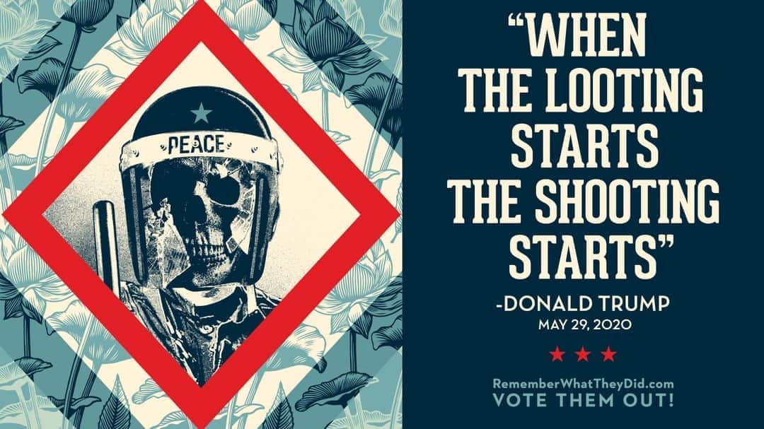 Shepard Faireyのインスタグラム：「I’m proud to be a part of @rememberwhattheydid and the #VoteThemOut campaign, created and organized by Robin Bell and Scott Goodstein. The art piece I created for this project is a reminder that while the American public was protesting in the streets, in record numbers, against racism and police brutality, Donald Trump was encouraging police brutality against the protesters, reinforcing the very same problems within law enforcement and the criminal justice systems the protesters were demanding to be reformed.⁠ ⁠ Remember What They Did targets overlooked, under-represented communities, and will launch in four battleground cities: Detroit, Milwaukee, Pittsburgh, and Phoenix. They will be placing emotionally-charged images on five billboards in each city, as well as in a poster street art campaign led by local partners in neighborhoods and businesses. If you’re in the area, be on the look out! Visit the link in my bio to visit RememberWhatTheyDid.com, where you can pledge to vote, register to vote, learn about early voting, and crowdfund more billboards in battleground communities across the country.⁠ -Shepard」