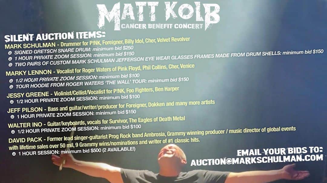 マーク・シュルマンさんのインスタグラム写真 - (マーク・シュルマンInstagram)「Our Silent Auction is still up and running, email your bids to: auction@markschulman.com some awesome opportunities from some amazing artists are up for grabs!! All proceeds will go to help our friend Matt Kolb who is undergoing treatment for colon cancer, and you can still donate at: https://www.gofundme.com/f/matt-kolb-cancer-benefit-concert link available in my bio! #mattkolb #coloncancer #silentauction #cancerbenefit #markschulman @markyplanet @pinkiesfamily」8月21日 22時46分 - markyplanet