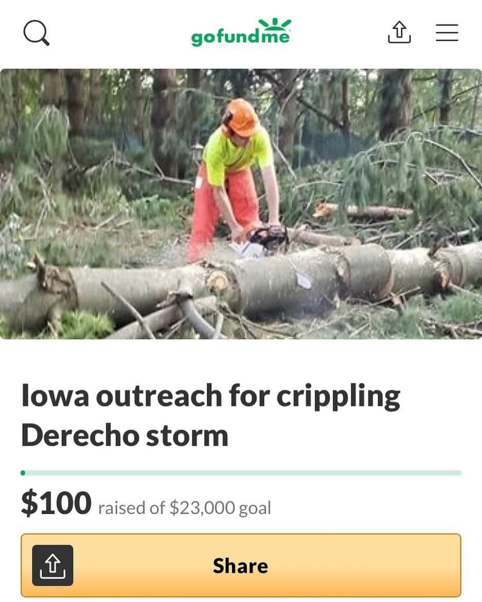 ロビン・ロード・テイラーのインスタグラム：「This is Hunter Gehrke, a dear friend to my family. Ever since the derecho storms ravaged my hometown, he has been working nonstop cleaning up fallen trees and power lines, helping people get back to some semblance of normalcy and safety. There is so much more work to do, which is why he is reaching out for help. Again, I know times are tough but if you can donate, no amount is too small. Thank you so much. Link in bio. ❤️」