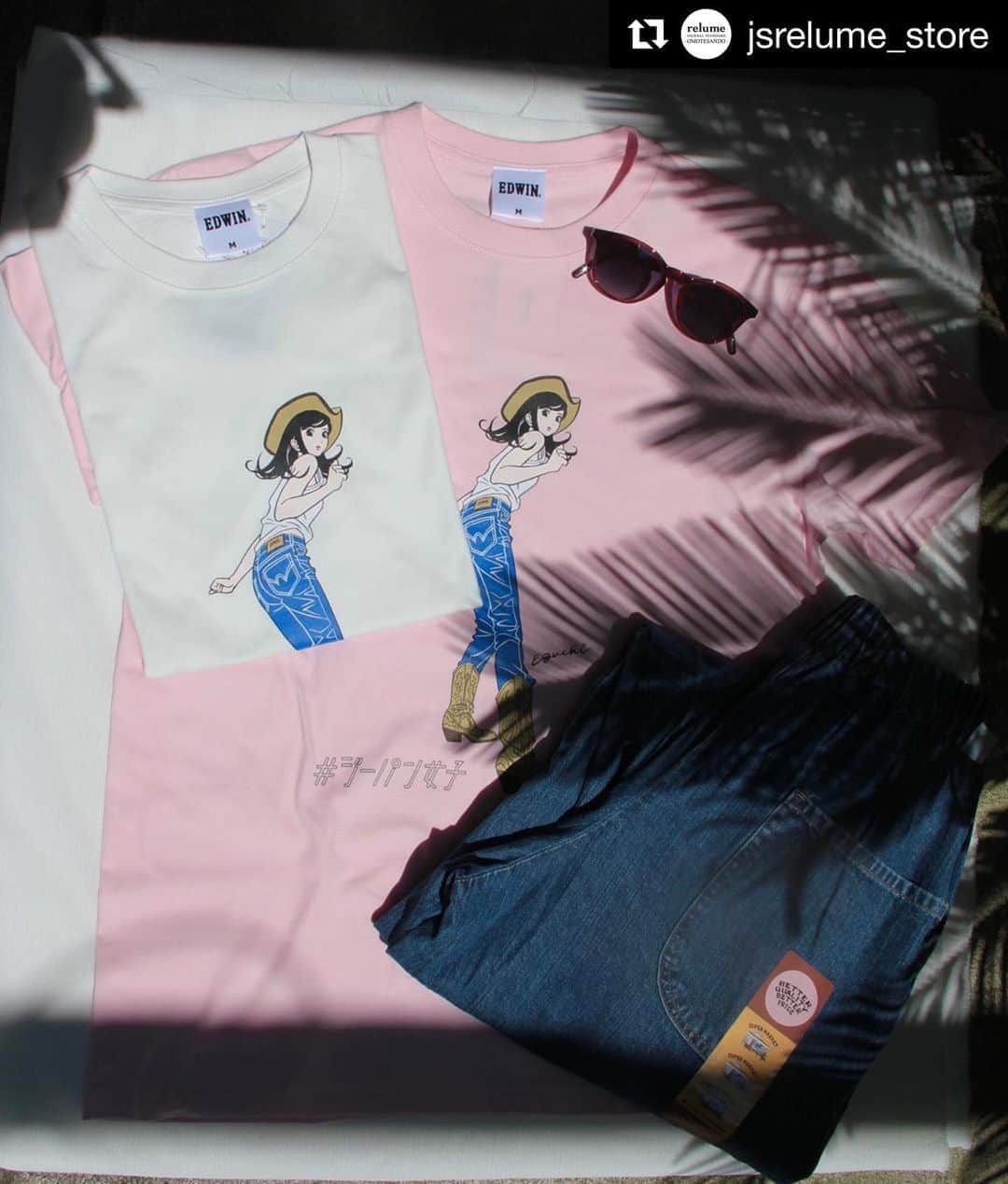 江口寿史のインスタグラム：「エドウインでのチャリティー企画マスク付き新作Ｔシャツ、沢山の方に買っていただきありがとうございました！この新作の絵は自分でも大変気に入ってます。 買い逃したアナタ！実はジャーナルスタンダードrelumeではまだ買えるんです！  #Repost @jsrelume_store with @get_repost ・・・ .  【EDWIN / エドウィン】ジーパン女子×江口寿史Tシャツ no. 20071465008510 size.M, L price¥4,000+tax  詳細はプロフィールのリンクからご覧いただけます。  ※在庫状況やサイズ感など、お気軽にDMまたはコメントにてお問い合わせください。  【W POINT CAMPAIGN開催中】﻿ ～8/31（月）の期間、BAYCREW'S 会員の皆様を対象に、お買い上げの際のポイントが２倍になる、【W POINT CAMPAIGNを開催しております！  #edwin #エドウィン #journalstandardrelume  #ジャーナルスタンダードレリューム」