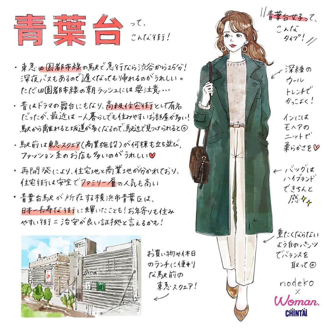 Woman.CHINTAIさんのインスタグラム写真 - (Woman.CHINTAIInstagram)「#青葉台駅 （#Aobadai station in #Tokyo ）﻿ ﻿ 商業地と住宅地が分かれていてファミリーにも人気の住みやすい街、青葉台！﻿ ﻿ 治安も良く、ファッションや雑貨など日用品以外の買い物も充実出来る青葉台を女性に例えると、﻿ ダークグリーンのトレンチを格好よく着こなす上品な雰囲気の女性🙋💙﻿ ﻿ @woman.chintai では青葉台駅周辺のお部屋も診断形式であなたにあったお部屋が探せる😘🏡﻿ 「Woman.CHINTAI」もしくは、「ウーマンチンタイ」で検索🔍﻿ プロフィールのURLからもすぐに理想のお部屋が探せちゃいます✨﻿ ・﻿ Illustrated by @nodeko_」8月21日 18時25分 - woman.chintai