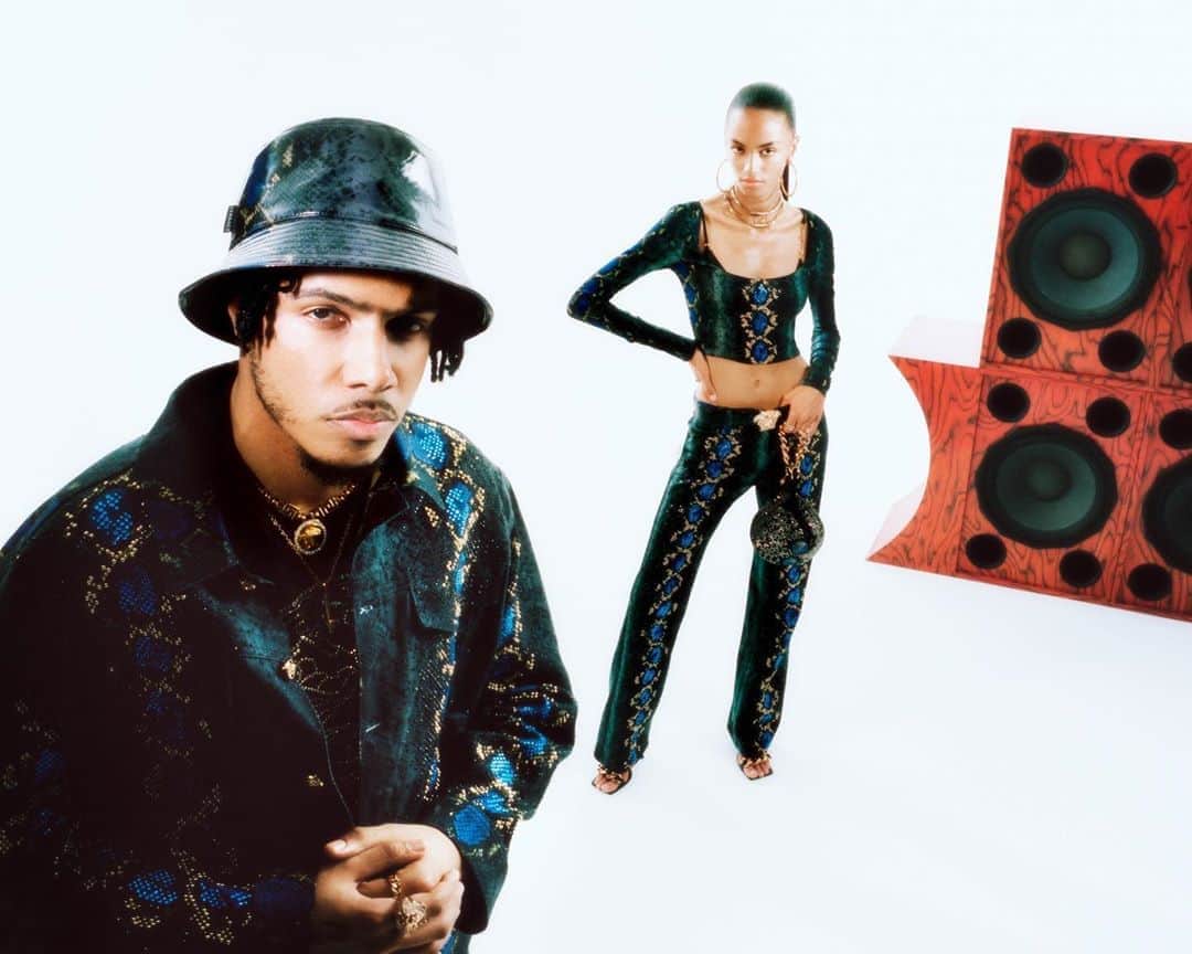 のインスタグラム：「Summer soundtrack - British rapper @ajtracey wears a head-to-toe denim look in a sleek python print. Shop the #VersaceFlash21 designs for him and her through the link in bio.  Photography: @arnaudlajeunie」