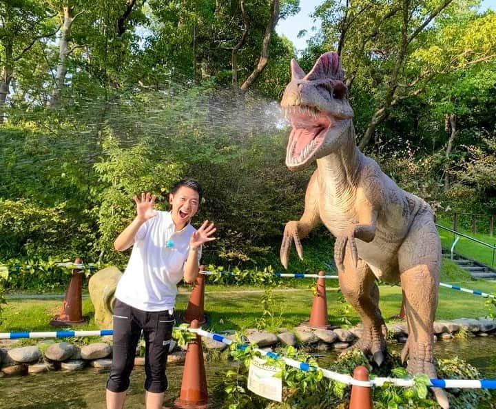 のインスタグラム：「今日の中継は、愛知県安城市 #デンパーク からお伝えしました☀️ . 安城市内は、来週から学校再開。 夏休み最後の週末に、 "涼"を求めるご家族の姿が多くありました✨ . デンパークの #ジャブジャブ池 。 一番の人気者が、水を吐く恐竜 #ディロフォサウルス 🦖 躍動感がすごい！！😂笑 . 水鉄砲を手に恐竜と対峙する子どもたちが とっても微笑ましかったです☺️ . . #愛知 #安城 #安城産業文化公園 #メーテレ #上坂嵩」
