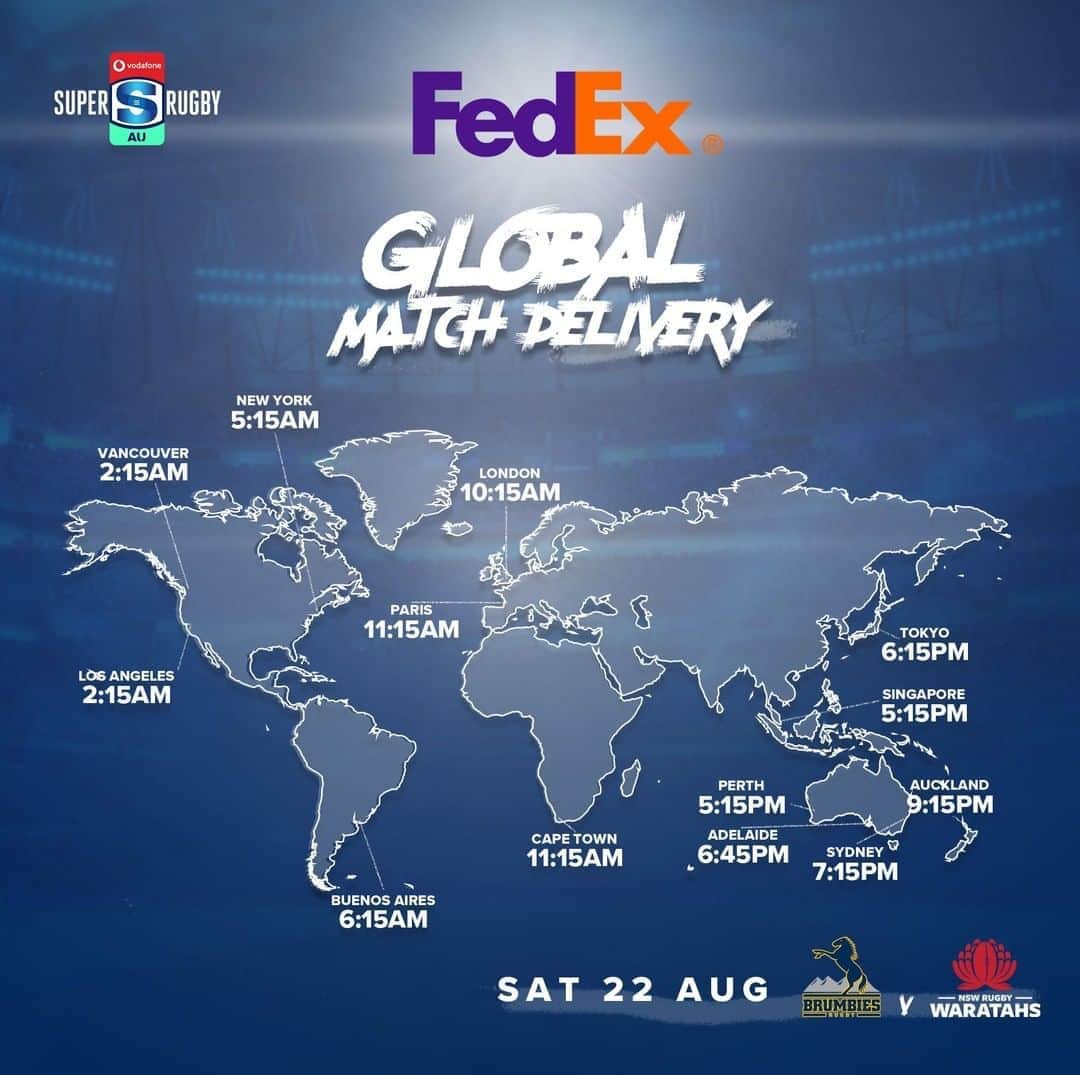 ラグビーオーストラリア代表さんのインスタグラム写真 - (ラグビーオーストラリア代表Instagram)「🗺 Here's your local KO time for #BRUvWAR, delivered by @FedEx Express. Broadcast details below. #SuperRugbyAU⠀ ⠀ 🇦🇺 📺 @foxtel and @kayosports⠀ 🇿🇦 📺 @supersporttv⠀ 🇬🇧 📺 @skysports⠀ 🇯🇵 📺 J Sports⠀ 🇫🇷 📺 Canal Plus Sports⠀ 🇩🇪 📺 Rugby Pass⠀ 🇺🇸 📺 ESPN+」8月22日 8時00分 - rugbycomau