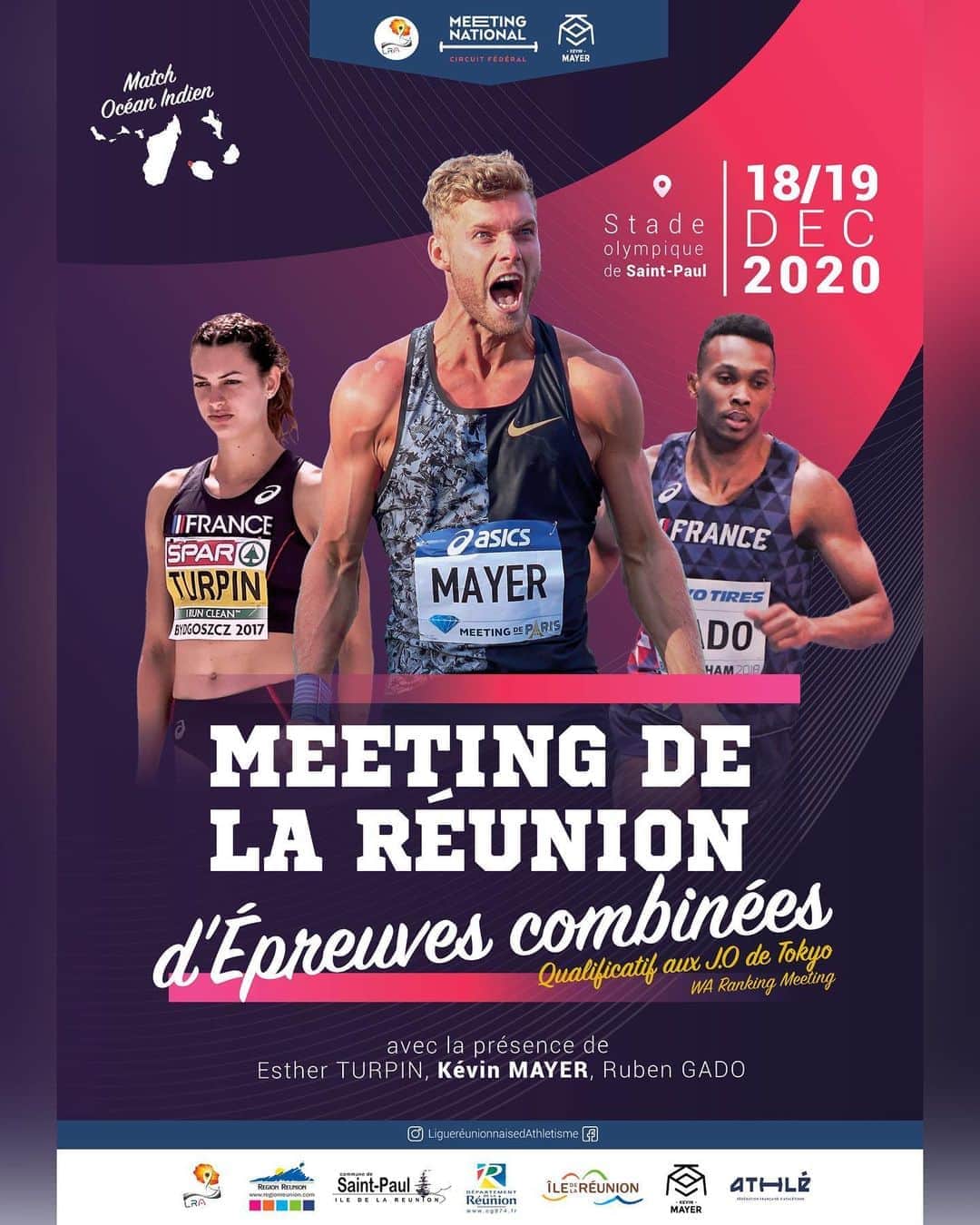 ケビン・マイヤーのインスタグラム：「Mon prochain décathlon 💥 Rdv les 18 & 19 Décembre sur l’île de La Réunion au Stade Olympique de Saint-Paul 🇷🇪 Objectif qualif’ pour les JO afin de finir cette année 2020 particulière en beauté. Merci à @ffathletisme et @lrathle pour leur engagement et l’organisation de cet événement」