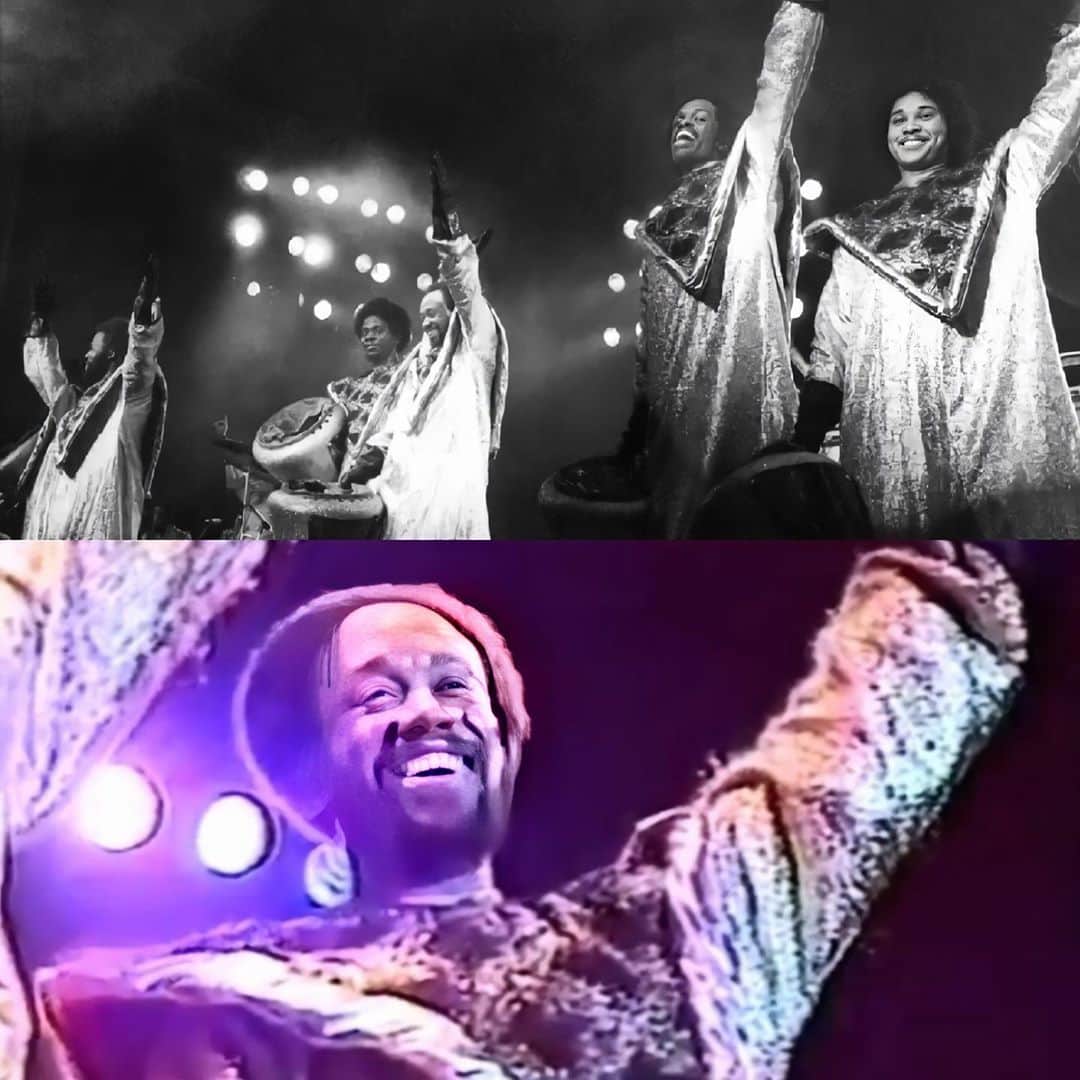 アース・ウィンド・アンド・ファイアーのインスタグラム：「#FBF 🛸Did you know that the stage above which we appeared in a floating pyramid was designed with Doug Henning? The 'Jupiter' show had us reappearing in a flash,  spaceman costumes and all 🚀」