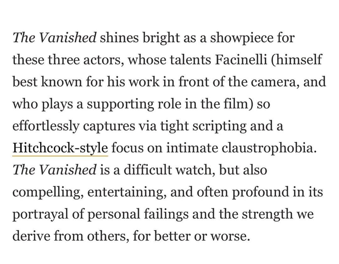 ピーター・ファシネリのインスタグラム：「BY ZAK WOJNAR @screenrant  🙏🙏🙏 So grateful reviewers ❤️#TheVanished  I know you will too. Give it a watch. Avail in select theaters and on @itunes @amazonprimevideo and all OnDemand platforms.」