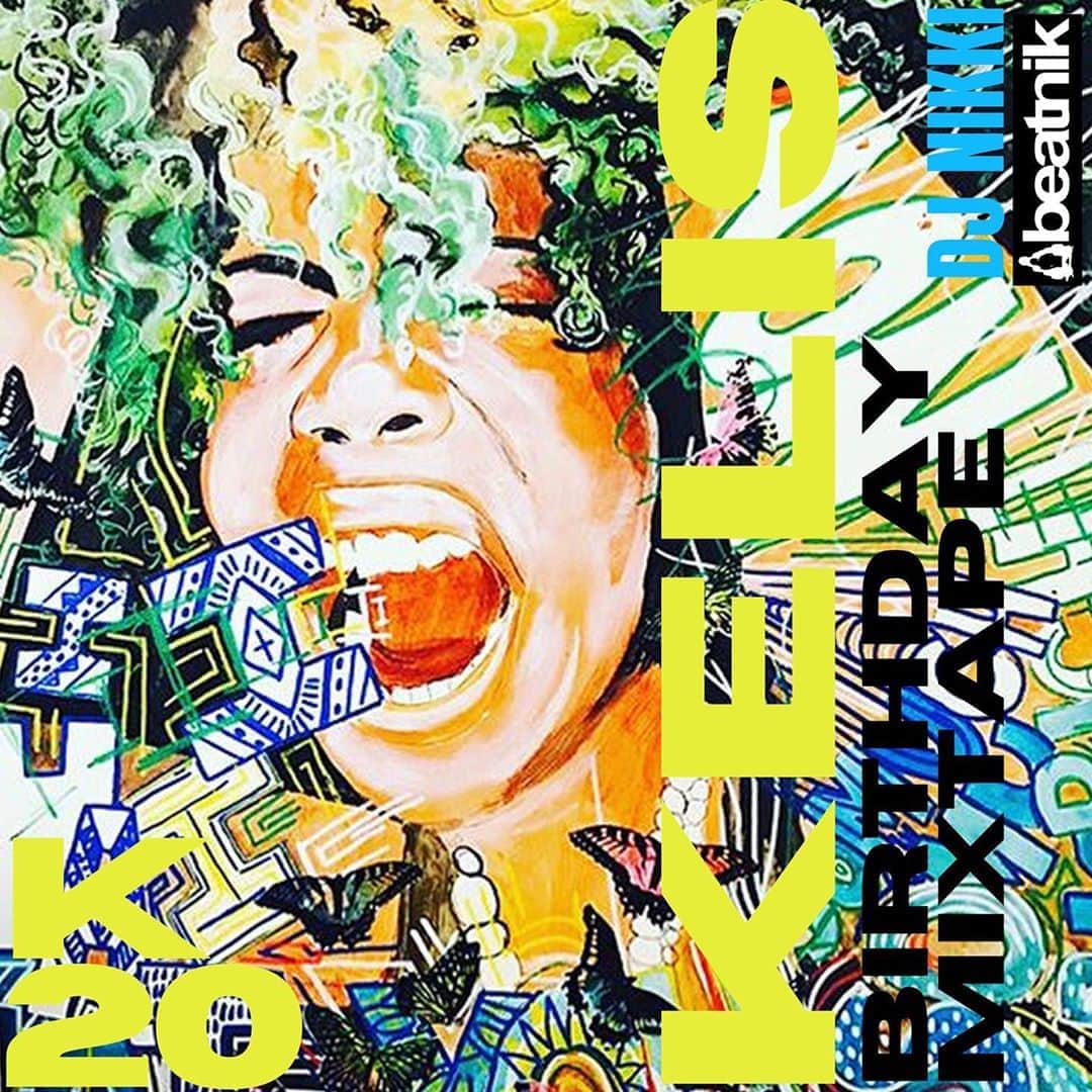 ケリスのインスタグラム：「Hey guys! @djnikkibeatnik put together this K20 Birthday Mixtape for you all. A tribute mix to my 20 years in music and the 2020 Kaleidoscope Tour. Make sure you give it a listen. Link in bio and have a drink for me!」