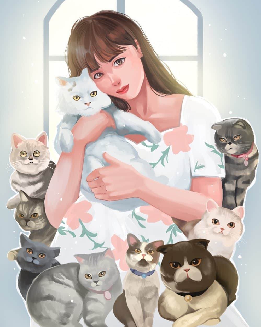 YingTzeさんのインスタグラム写真 - (YingTzeInstagram)「An illustration of me and my 8 cats @babyg2610 💕 Also a special appearance of my late Bentley. ☺️❤️ _ This is such a thoughtful gift. ❤️ #blessed #catfamily #scottishfold #scottishstraight #britishshorthair #digitalillustration」8月22日 12時31分 - yingtze
