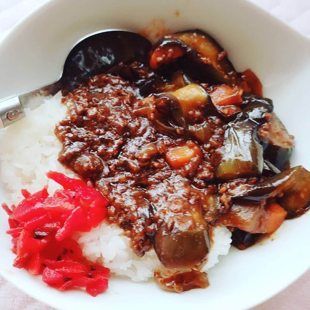 松本隆博のインスタグラム：「。 暑さに勝て！ 茄子カレー(˙◁˙)  茄子は煮込むと型崩れ するし溶けてしまうので スライスして冷凍保存。 必要な量だけ少量油で炒めて、 冷凍カレーはタッパーから 外れる程度までチンして、 那須と軽く合わせて炒める。  そしてカレーの肉はね、 合い挽きミンチが1番旨味 が出るしコスパ良い。 (^○^)」