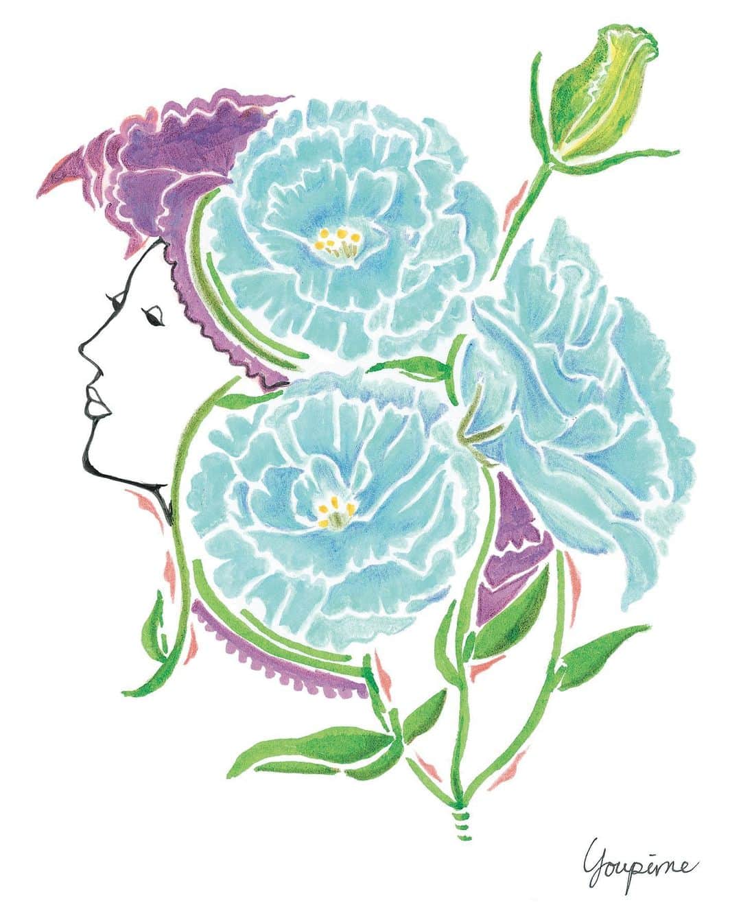Young Juvenile Youthのインスタグラム：「雑誌GINZA @ginzamagazine で連載中のイラスト#Flowersisters Vol. 11  今回はリシアンサスを描いたよん💠 花言葉は「すがすがしい美しさ」 今月のGinzaをチェックしてみてね☺️  My illustration series #flowersisters for Ginza Magazine. This month I drew Lisianthus.」