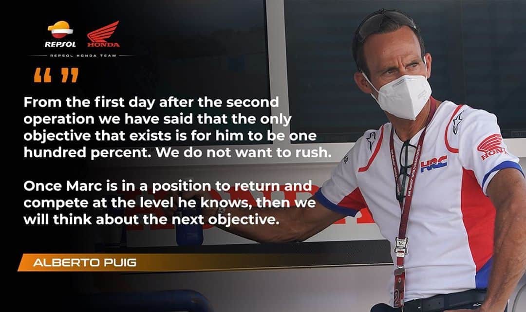 レプソル・ホンダのインスタグラム：「Marc Marquez will continue recovering in the coming weeks. The MotoGP World Champion together with HRC, have consulted with and compared the opinions of a number of specialists in regard to the injury to the humerus of the right arm that Marc suffered on July 19 at the Spanish Grand Prix. As a result, all parties have decided to modify the planned recovery process. The objective of both Marquez and the Repsol Honda Team is to return to the World Championship when Marc’s arm has fully recovered from the serious injury that occurred in Jerez. It is estimated it will take between two to three months before Marc can return to the RC213V. HRC has not set a Grand Prix for the return of the reigning World Champion and will continue to report on the evolution of his recovery.」