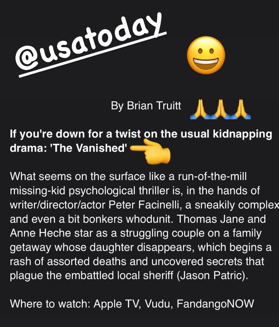 ピーター・ファシネリのインスタグラム：「Watch #TheVanished now! In select theaters and all On Demand platforms.  0r rent it on @itunesmovies or @amazonprimevideo」