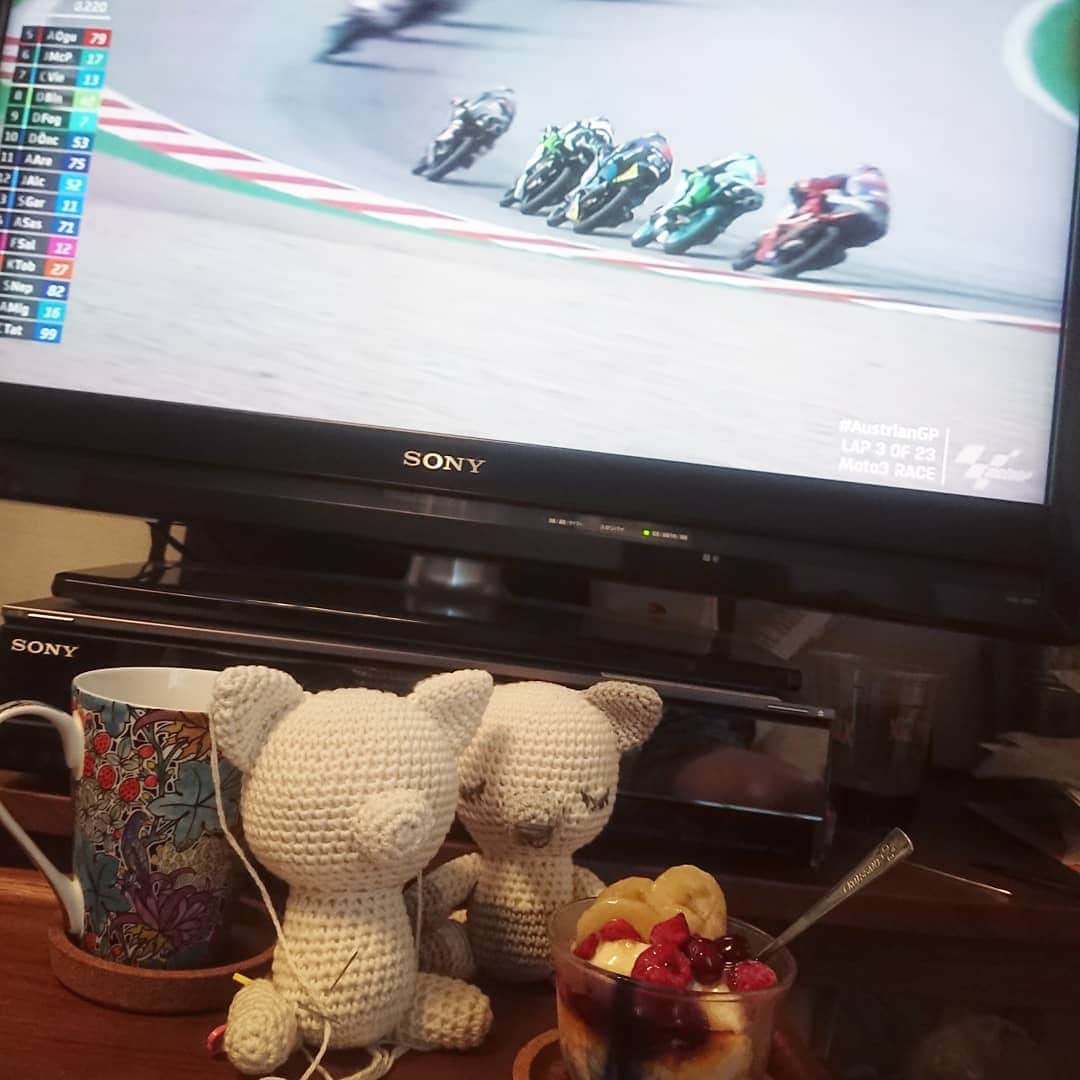 のインスタグラム：「Watching MotoGP while knitting （crochet）lol  Desserts and tea☕ are essential✨ Great combination💙 ＊ 今シーズンは日本人選手が大活躍でMoto3から見逃せない！ ルミエルの仕上げをしながら観戦中🏍️🏍️ 紅茶とデザートもぬかりなく。。。(笑)  #crochetday #crochetforbaby #knittingwithcoffee #knittinglife #knittingwithtea #animalcrochet #motogp #knittingtoy #かぎあみ #あみぐるみ #編み物のある暮らし」
