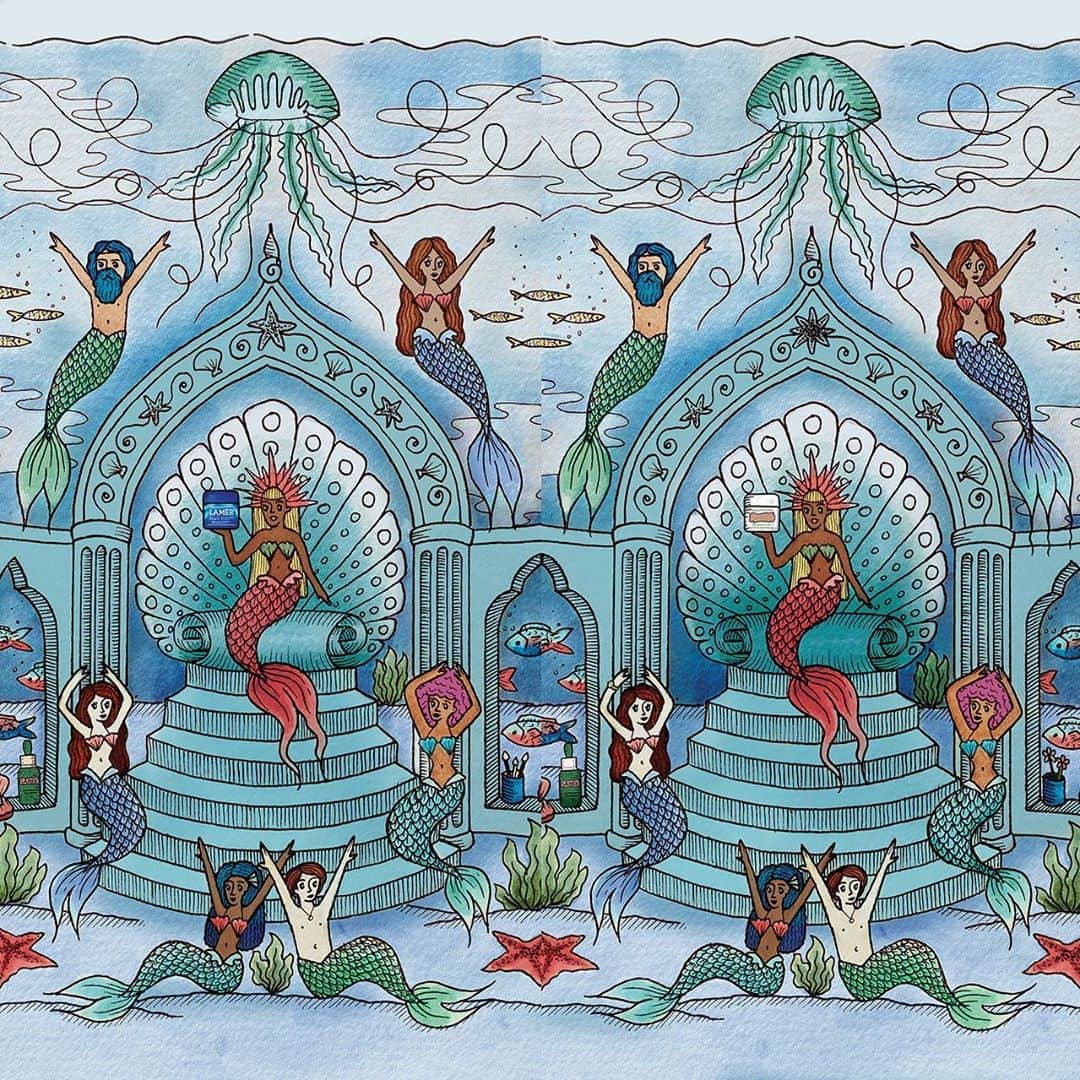 ドゥラメールのインスタグラム：「Down where beautiful mermaids swim and glow, can you find five differences in the wild queendom below? Artist: @jayde.cardinalli」