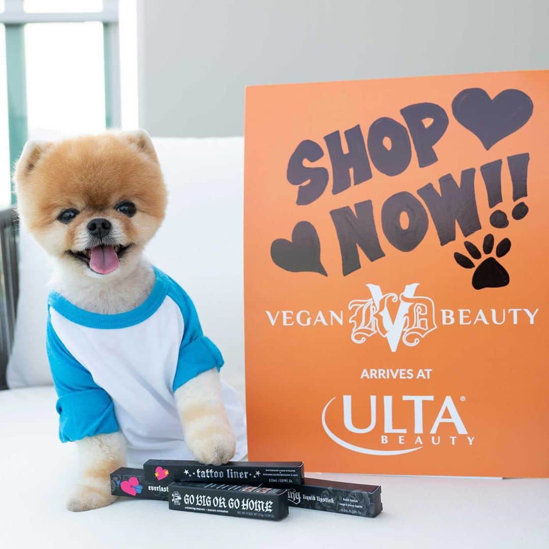 jiffのインスタグラム：「SHOP my fave 100% vegan and cruelty-free brand @kvdveganbeauty which just launched @UltaBeauty today, Aug 23! #UBxKVDVB. What are you putting in your cart? P.S. Dogs can have “cat eyes” too 🤣」