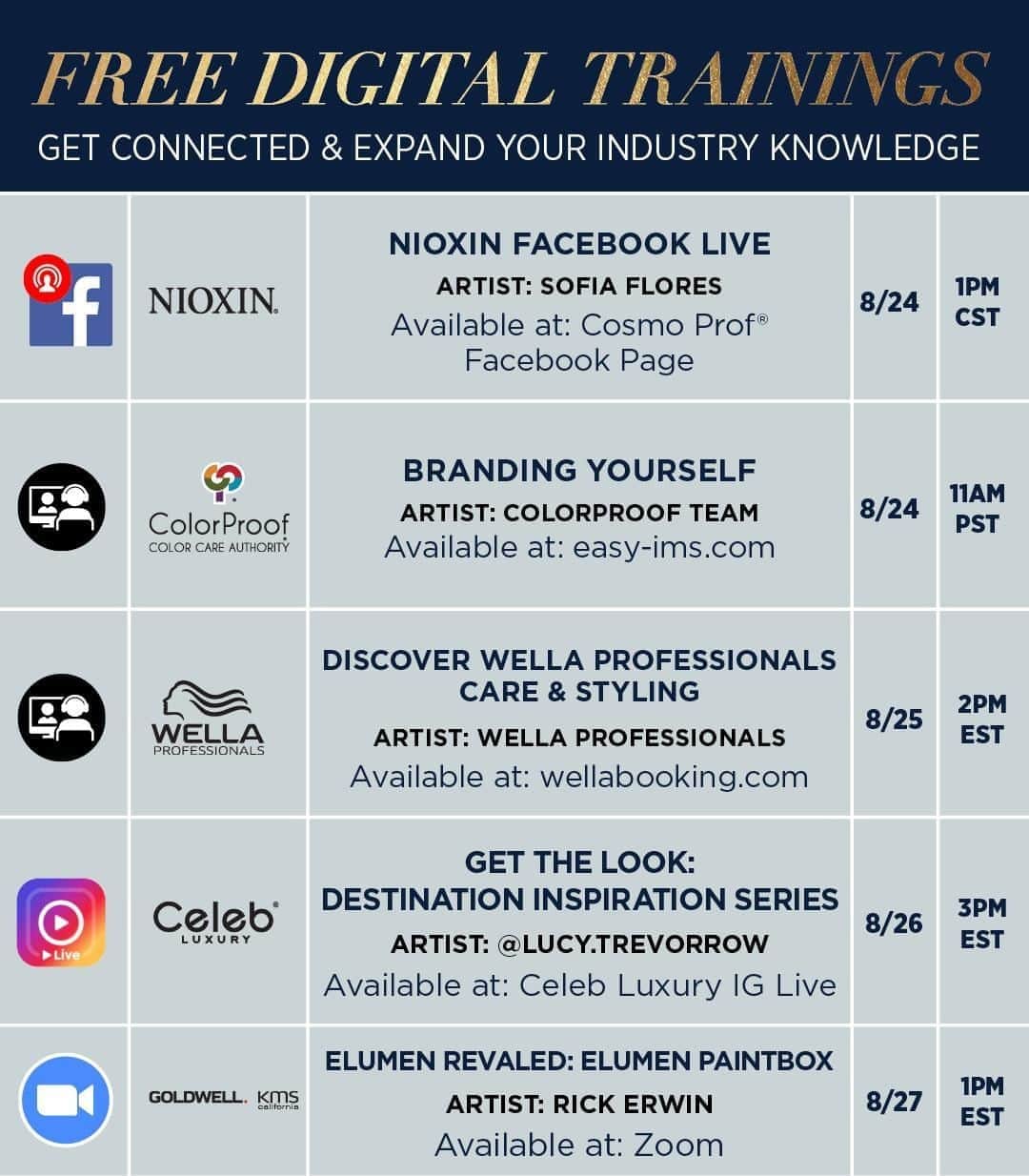CosmoProf Beautyさんのインスタグラム写真 - (CosmoProf BeautyInstagram)「Sharpen your skills with Free Digital Trainings from your favorite brands. Tips, tricks and more from cutting-edge stylists that can save you time and money.   Join us August 24-27 for educational webinars led by pro artists, featuring your favorite brands and the hottest topics in the industry. See details for each webinar at the link in bio.  * #cosmoprofbeauty #licensedtocreate #freetraining #education #stylists #webinar #nioxin #colorpoof #wella #wellaprofessionals #goldwell #celebluxury」8月24日 2時00分 - cosmoprofbeauty