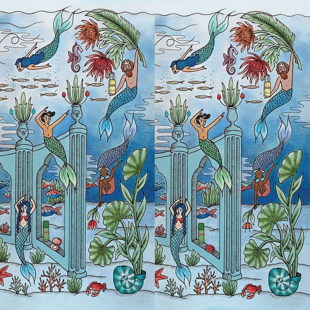 ドゥラメールのインスタグラム：「Today, a magical La Mer sea fantasy begins and this is the first of three. Can you spot the five differences in the deep blue sea? Artist: @jayde.cardinalli」