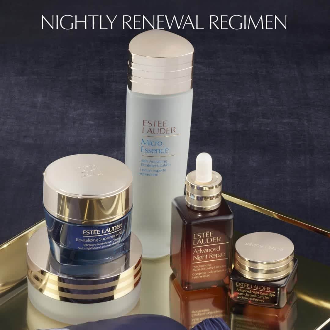 のインスタグラム：「Counting skincare products is the new counting sheep 😉 Sleep soundly, without a skincare worry — try our nightly renewal regimen featuring NEW #AdvancedNightRepair:   💫 Cleanse: Advanced Night Micro Cleansing Balm 💫 Strengthen: #MicroEssence Treatment Lotion 💫 Repair: NEW Advanced Night Repair Face Serum 💫 Moisturize: Supreme+ Night Restorative Creme  💫 Brighten Eyes: Advanced Night Repair Eye Supercharged Complex」